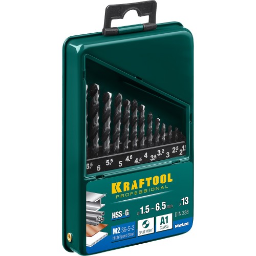 KRAFTOOL HSS-G, 13 шт, (1.5-6.5 мм), сталь P6M5, набор сверл по металлу (29651-H13)