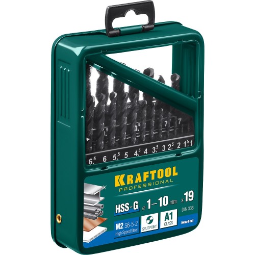 KRAFTOOL HSS-G, 19 шт, (1-10 мм), сталь P6M5, набор сверл по металлу (29651-H19)