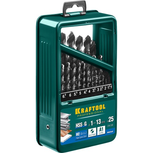 KRAFTOOL HSS-G, 25 шт, (1-13 мм), сталь P6M5, набор сверл по металлу (29651-H25)