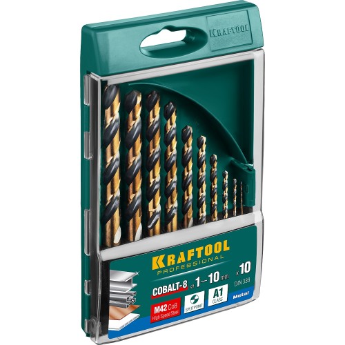 KRAFTOOL COBALT-8, 10 шт, (1-10 мм), сталь М42, HSS-Co(8%), набор сверл по металлу (29656-H10)