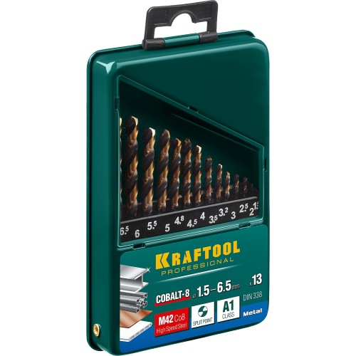 KRAFTOOL COBALT-8, 13 шт, (1.5-6.5 мм), сталь М42, HSS-Co(8%), набор сверл по металлу (29656-H13)