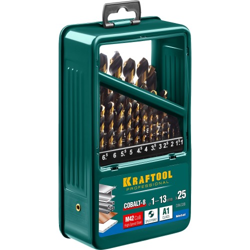 KRAFTOOL COBALT-8, 25 шт, (1-13 мм), сталь М42, HSS-Co(8%), набор сверл по металлу (29656-H25)