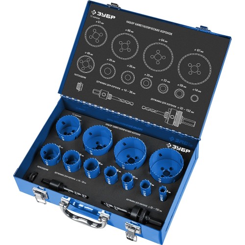 ЗУБР 11 шт, сталь Р6М5, (14,20,22,25,30.35,40.51.60,64,67), набор биметаллических коронок (29531-H11)