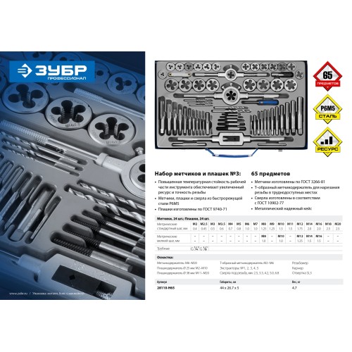 ЗУБР 65 предметов, сталь Р6М5, набор метчиков и плашек, Профессионал (28110-H65)