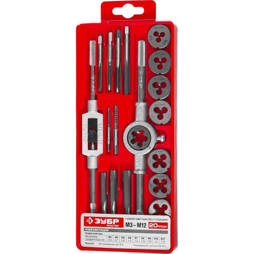 ЗУБР 20 предм., сталь 9ХС, набор метчиков и плашек в пластиковом боксе (2810-H20)