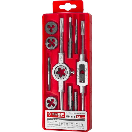 ЗУБР 12 предм., сталь 9ХС, набор метчиков и плашек в пластиковом боксе (28121-H12)