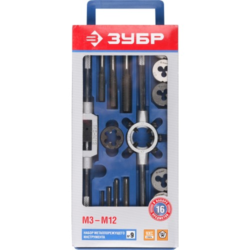 ЗУБР 16 предм., сталь 9ХС, набор метчиков и плашек в пластиковом боксе (28122-H16)