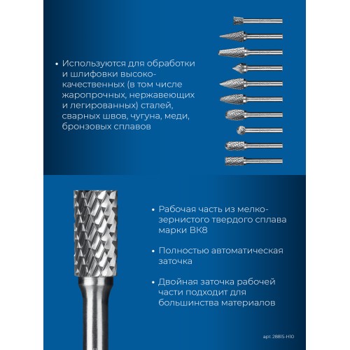 ЗУБР 10 шт набор борфрез твердосплавных, хв-к 6 мм, ПРОФЕССИОНАЛ (28815-H10)