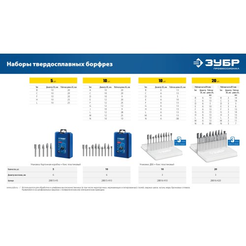 ЗУБР 10 шт набор борфрез твердосплавных, хв-к 6 мм, ПРОФЕССИОНАЛ (28815-H10)