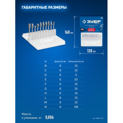 ЗУБР 10 шт набор борфрез твердосплавных, хв-к 3 мм, ПРОФЕССИОНАЛ (28816-H10)
