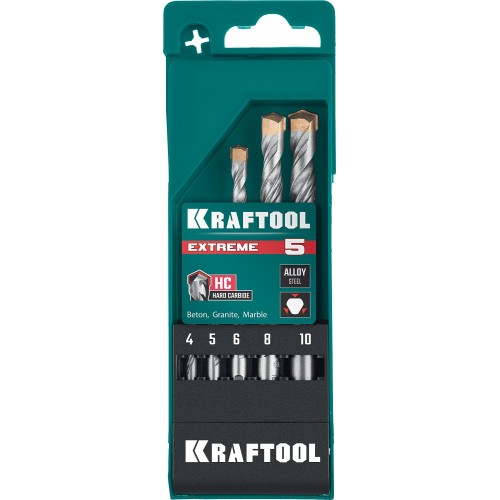 KRAFTOOL Extreme, 5 шт: 4-5-6-8-10 мм, трехгранный хвостовик, набор сверл по бетону (29166-H5)