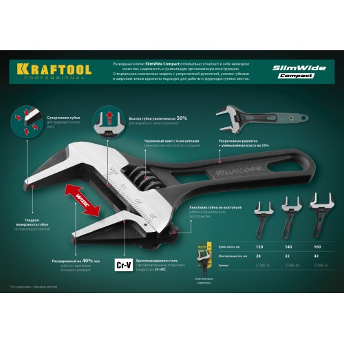 KRAFTOOL SlimWide Compact, 140/33 мм, разводной ключ (27266-20)