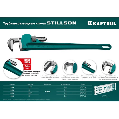 KRAFTOOL STILLSON, 2.5″, 450 мм, трубный разводной ключ (2727-45)