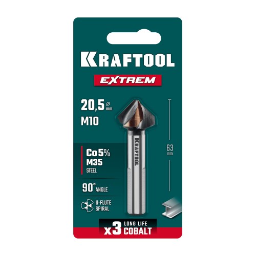 KRAFTOOL EXTREME Со5-А, d 20.5 х 63 мм, сталь M35, U-образная спираль, для раззенковки М10, Конусный зенкер (29734-10)