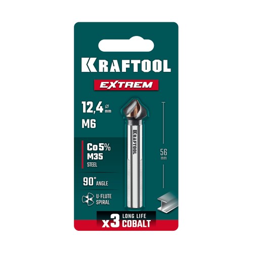 KRAFTOOL EXTREME Со5-А, d 12.4 х 56 мм, сталь M35, U-образная спираль, для раззенковки М6, Конусный зенкер (29734-6)