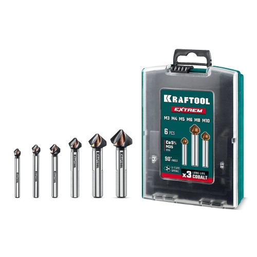 KRAFTOOL EXTREME Со5-А, 6 шт (М3-М10), сталь M35, U-образная спираль, Набор зенкеров (29734-H6)
