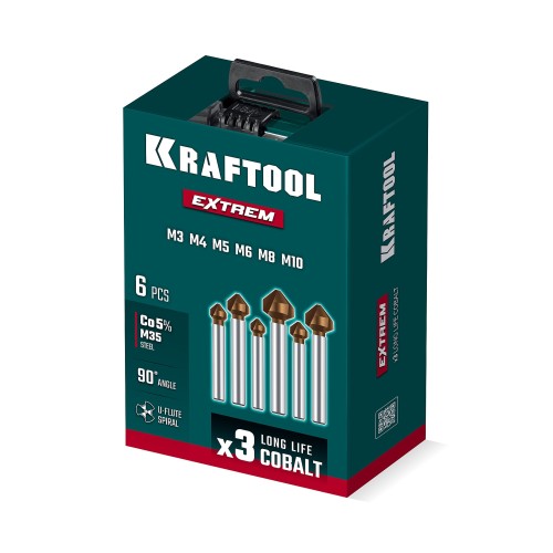 KRAFTOOL EXTREME Со5-А, 6 шт (М3-М10), сталь M35, U-образная спираль, Набор зенкеров (29734-H6)