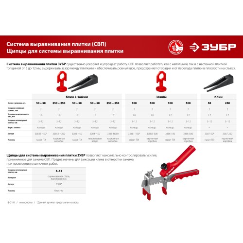 ЗУБР СВП, комплект: 1,7 мм, зажим + клин, 50 + 50 шт, система выравнивания плитки (3383-H50)