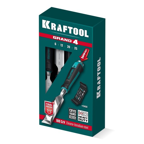 KRAFTOOL GRAND-4 набор стамесок-долот с двухкомпонентной рукояткой, 4 шт