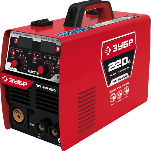 ЗУБР MASTER, MIG / MAG, FCAW, MMA, TIG, 220 А, полуавтомат сварочный, с газом / без газа, горелка ПСГ-220 (ПСГ-М8-220)