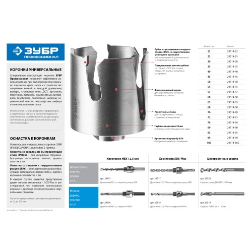 ЗУБР 22-152 мм, державка для коронок с твердосплавными резцами, Профессионал (29516)