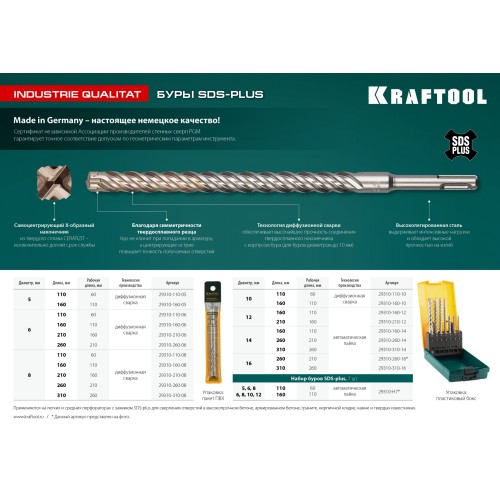 KRAFTOOL Zentro, 7 шт: 5/6/8 х 110, 6/8/10/12х160 мм, набор SDS-plus буров (29310-H7)