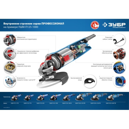ЗУБР 1000 Вт, d125 мм, УШМ, Профессионал (УШМ-П125-1000)