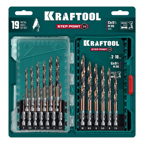 KRAFTOOL STEP POINT, 19 шт, набор сверл по металлу для винтовёртов и шуруповертов IMPACT READY (29653-H19)