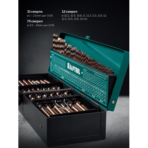 KRAFTOOL Cobalt, 118 шт, (1-13 мм), сталь М42, HSS-Co(8%), набор сверл по металлу (29656-H118)
