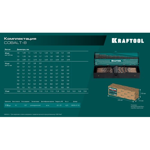 KRAFTOOL Cobalt, 118 шт, (1-13 мм), сталь М42, HSS-Co(8%), набор сверл по металлу (29656-H118)