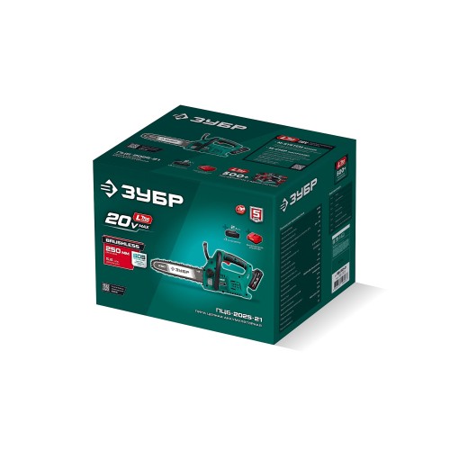 ЗУБР 20 В, 250 мм шина, 1 АКБ LMS (2 Ач), пила цепная аккумуляторная (ПЦБ-2025-21)