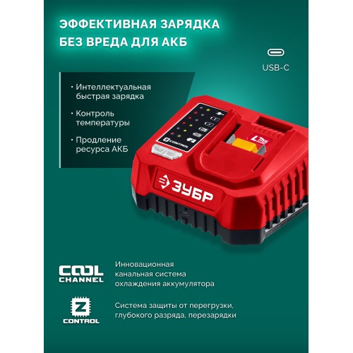 ЗУБР 20 В, 250 мм шина, 1 АКБ LMS (2 Ач), пила цепная аккумуляторная (ПЦБ-2025-21)