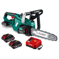 ЗУБР 40 В, (2x20В), 300 мм шина, 2 АКБ LMS (2 Ач), пила цепная аккумуляторная (ПЦБ-4030-22)