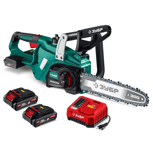 ЗУБР 40 В, (2x20В), 300 мм шина, 2 АКБ LMS (2 Ач), пила цепная аккумуляторная (ПЦБ-4030-22)