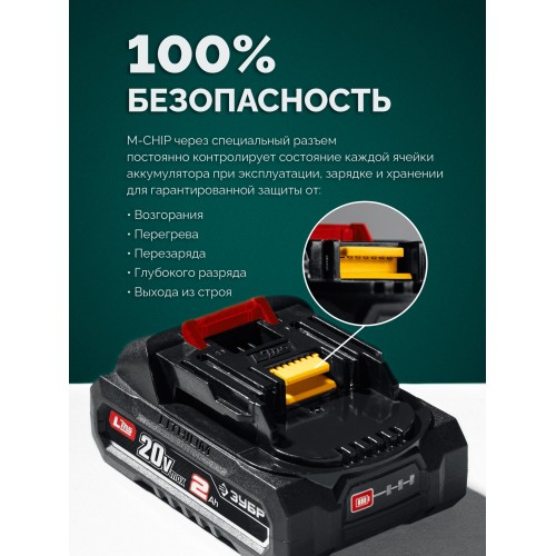 ЗУБР 40 В, (2x20В), 300 мм шина, 2 АКБ LMS (2 Ач), пила цепная аккумуляторная (ПЦБ-4030-22)