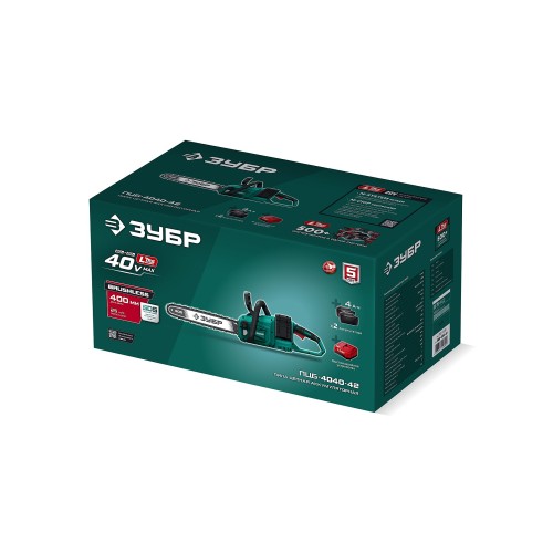 ЗУБР 40 В, (2x20В), 400 мм шина, 2 АКБ LMS (4 Ач), пила цепная аккумуляторная (ПЦБ-4040-42)