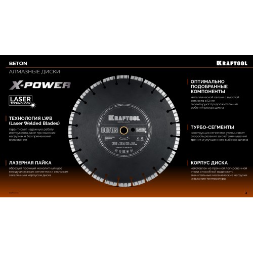 KRAFTOOL BETON 500 мм (25.4/20 мм, 12х4.0 мм), алмазный диск (36686-500)