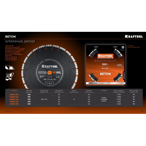 KRAFTOOL BETON 500 мм (25.4/20 мм, 12х4.0 мм), алмазный диск (36686-500)
