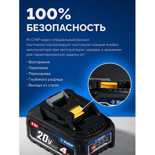 ЗУБР 20 В, 190 Н·м, 2 АКБ LMS (4 А·ч), бесщеточный ударный винтоверт, кейс, ПРОФЕССИОНАЛ (GVB-190-42)