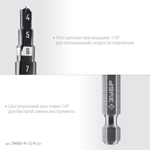 ЗУБР 4-12мм, 9 ступеней, сверло ступенчатое(29665-4-12-9)