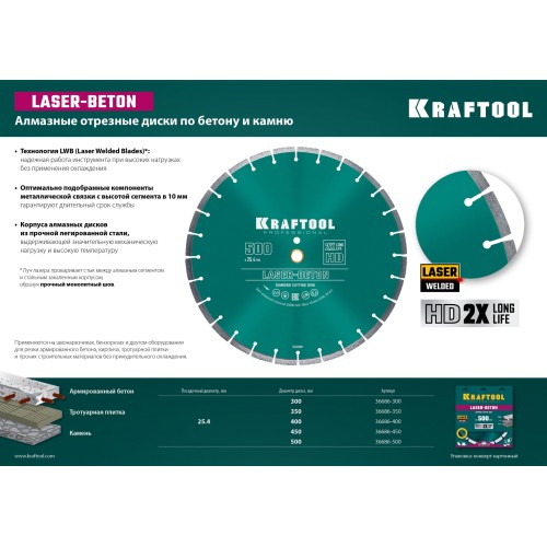 KRAFTOOL LASER-BETON 350 мм (25.4/20 мм, 10х3.2 мм), алмазный диск (36686-350)