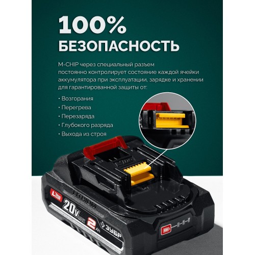 ЗУБР 20 В, 200 м3/ч, 1 АКБ LMS (2 Ач), воздуходувка-пылесос аккумуляторная (ВА-200-21)