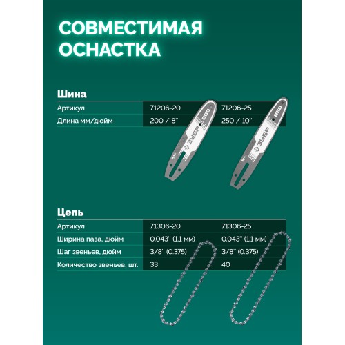 ЗУБР 20 В, 200 мм шина, 1 АКБ LMS (2 Ач), мини-пила цепная аккумуляторная (ПЦБ-2020-21)