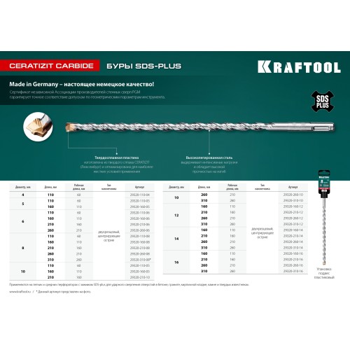 KRAFTOOL Cerazit Carbide, 14 х 300 мм, SDS-plus бур (29320-310-14)