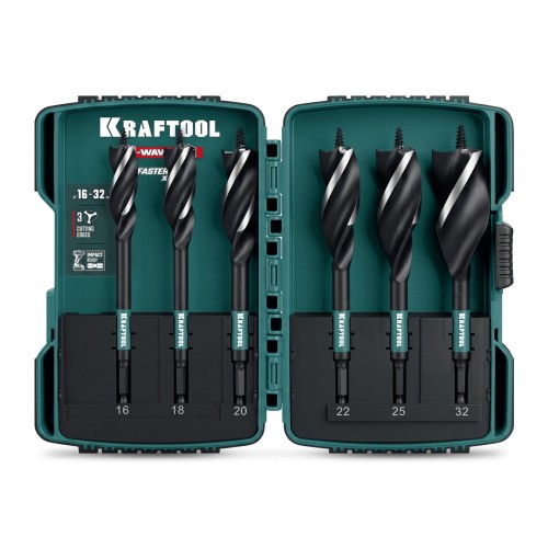KRAFTOOL 3-Wave 6шт, набор, трехзаходные сверла по дереву с резьбовым центрующим острием (29513-H6)