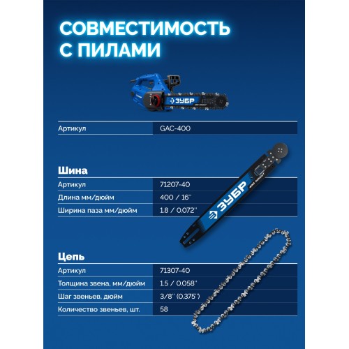 ЗУБР CONCUT тип 7, 40 см, шаг 3/8″, паз 1.8 мм, 58 звеньев, шина, Профессионал (71207-40)